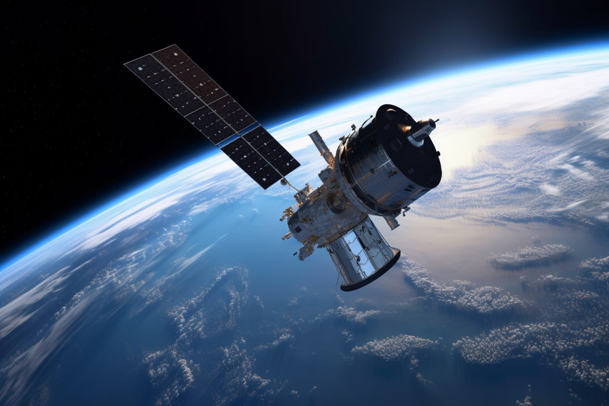 Title image with a satellite and planet Earth