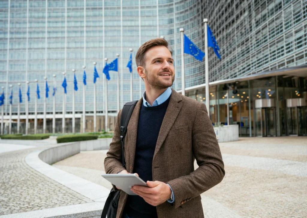Men standing outside government building