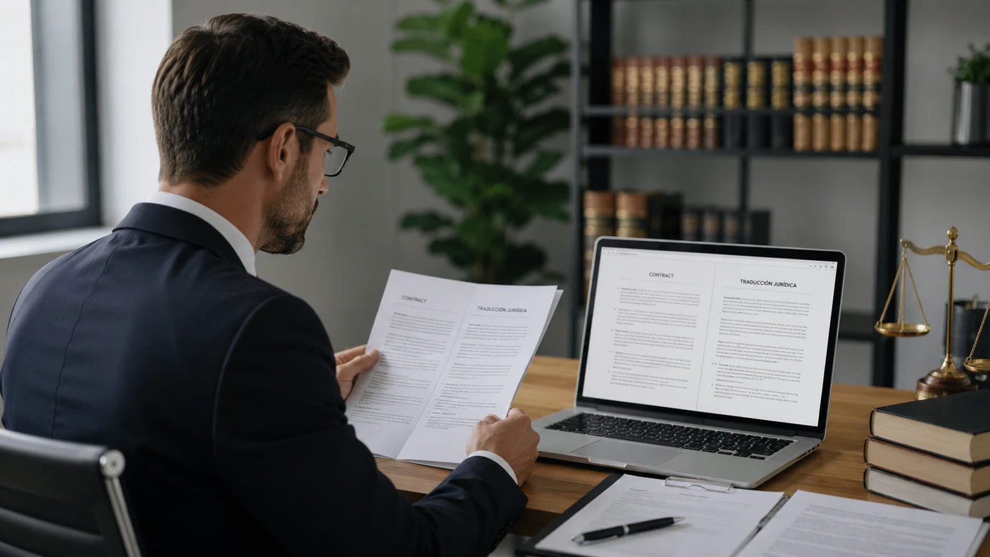 Lawyer reviewing a legal translation of a contract on a laptop